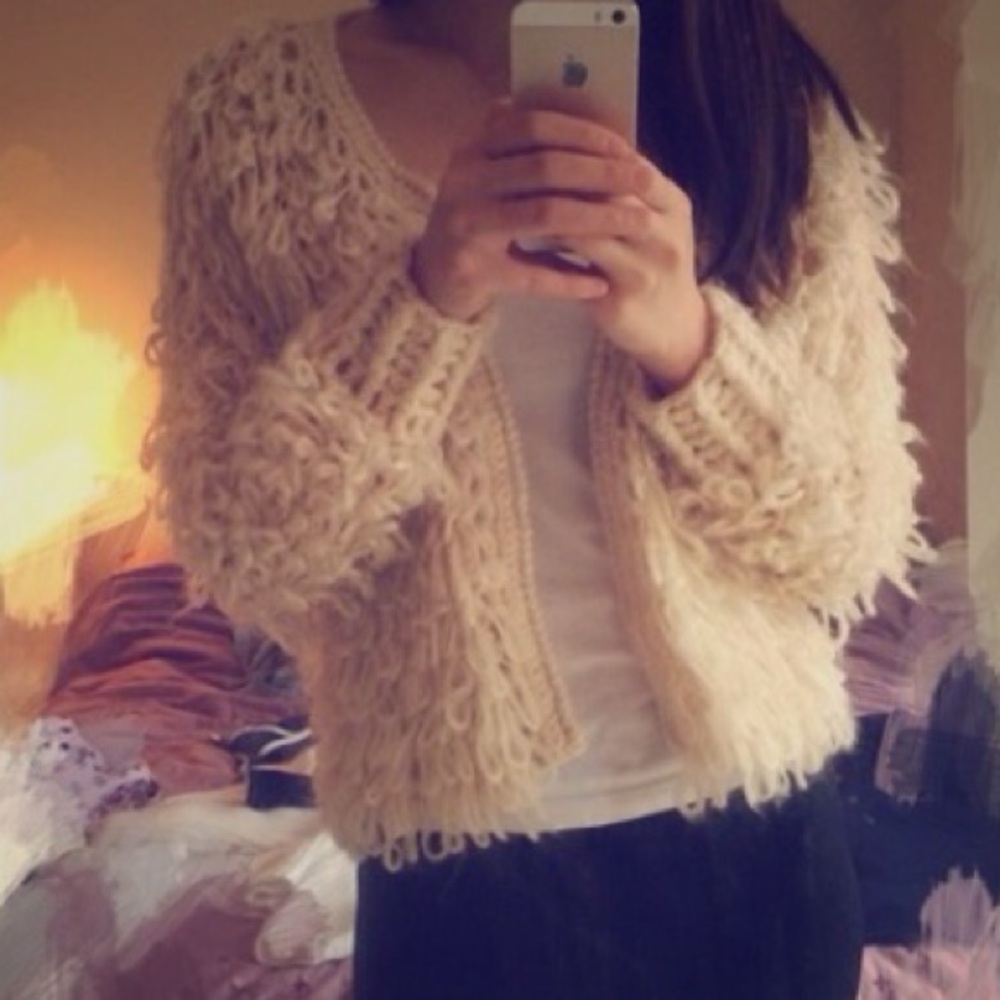 Women's Cream Loop-Knit Open Cardigan Sweater